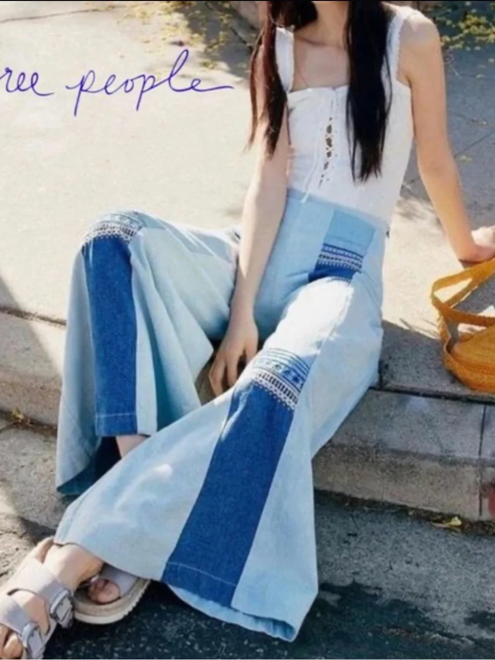 FREE PEOPLE Willa Pieced Wide-Leg Jeans Patchwork Embroidery 27